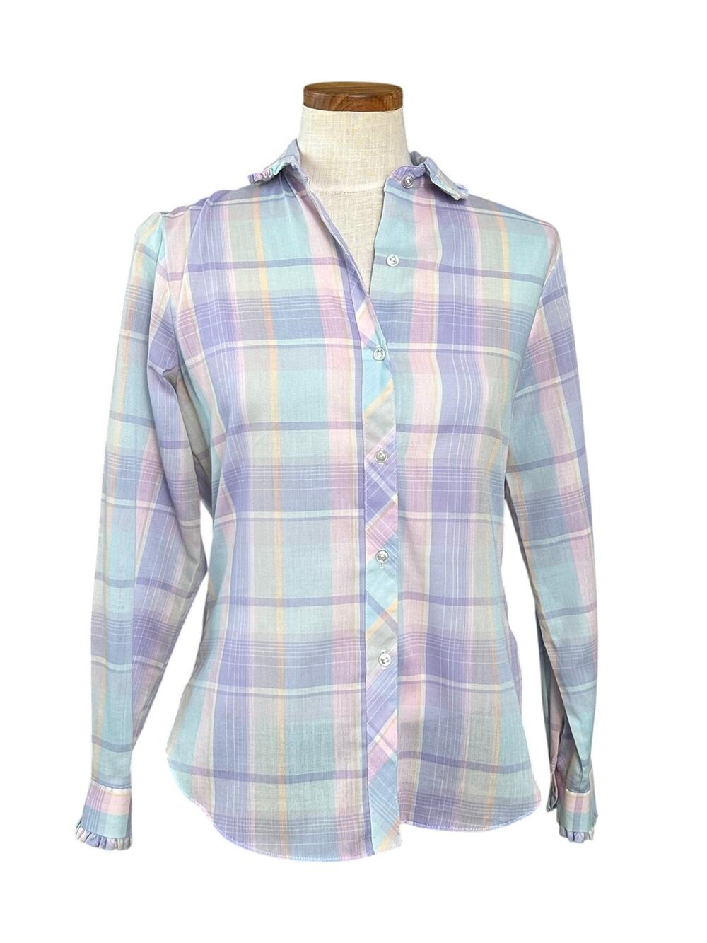 Vtg 80s Shirt Accent Pastel Plaid Ruffle Collar Button Down 14 USA Soft Girl